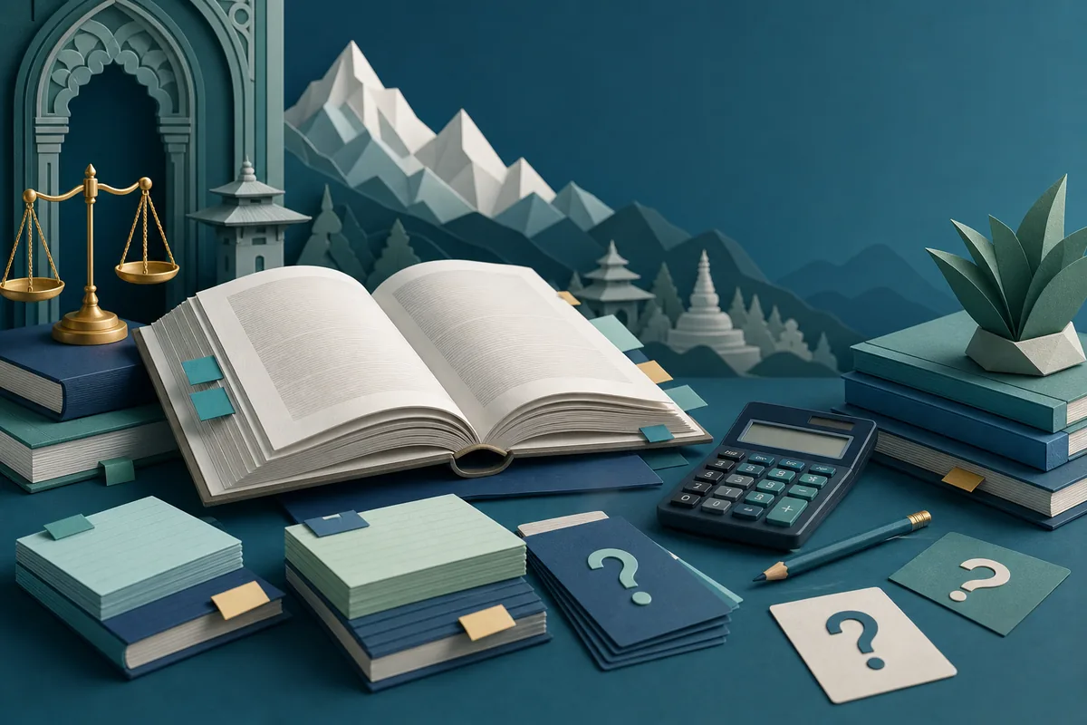 Illustrated advanced taxation study desk with open law book, calculator, revision cards and balanced scale